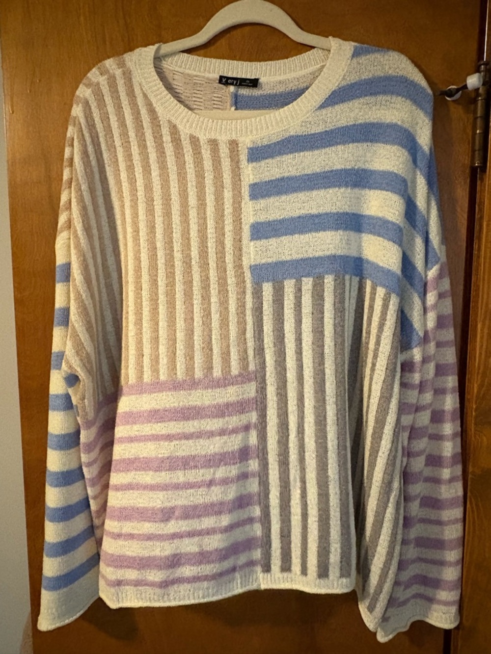Very J Pastel Colorblock Striped Crewneck Sweater - Blue, Lilac & Cream